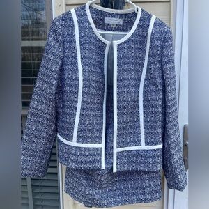 Tahari Tweed Skirt Suit with Contrast Combo Blue  Sz 16